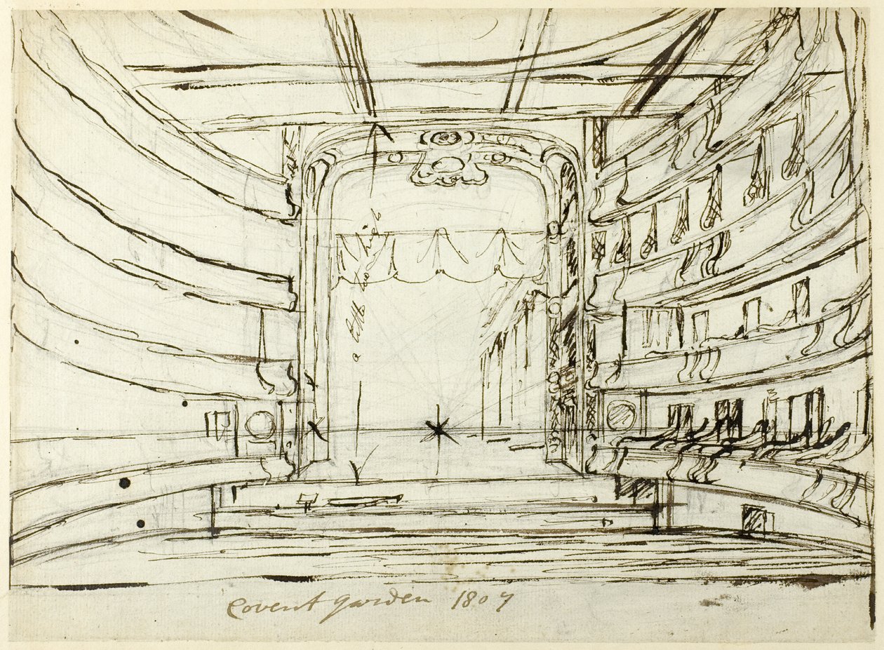 Estudo para Covent Garden Theatre, da Microcosm of London de Augustus Charles Pugin