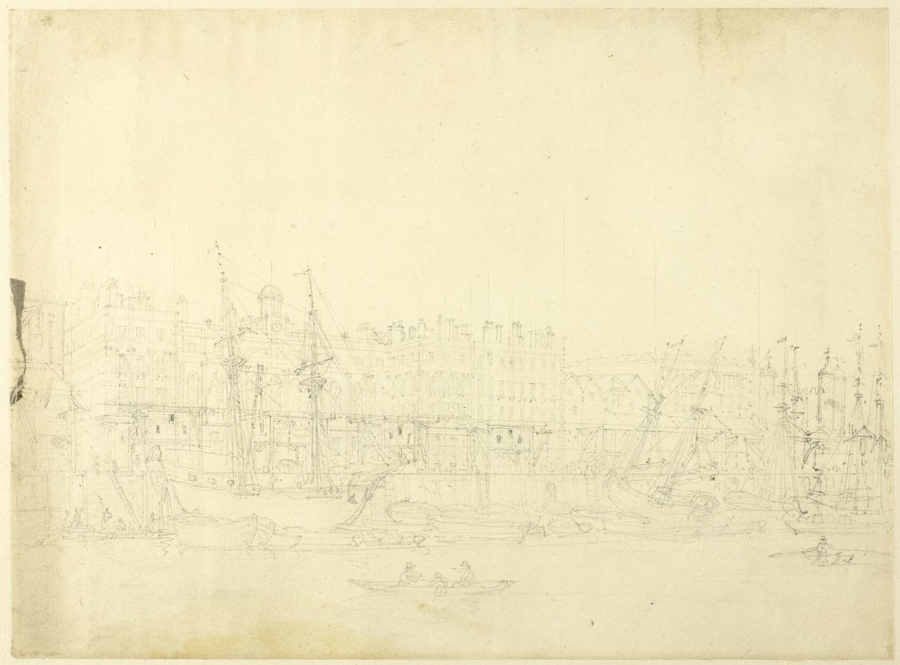 Estudo para a Custom House, a partir do rio Tamisa, de Microcosmos de Londres de Augustus Charles Pugin
