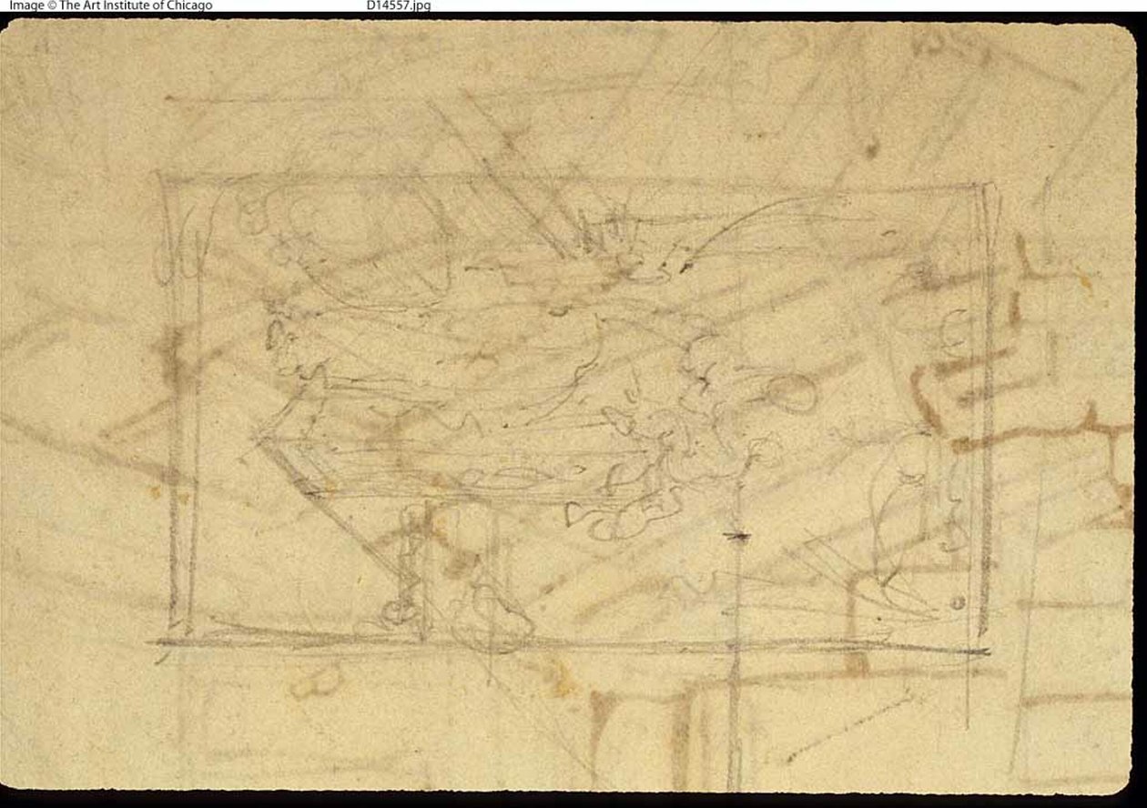 Estudo para Sala de Exposições, Somerset House, da Microcosm of London (reto); Esboço de uma pintura: Madonna e criança (verso) de Augustus Charles Pugin