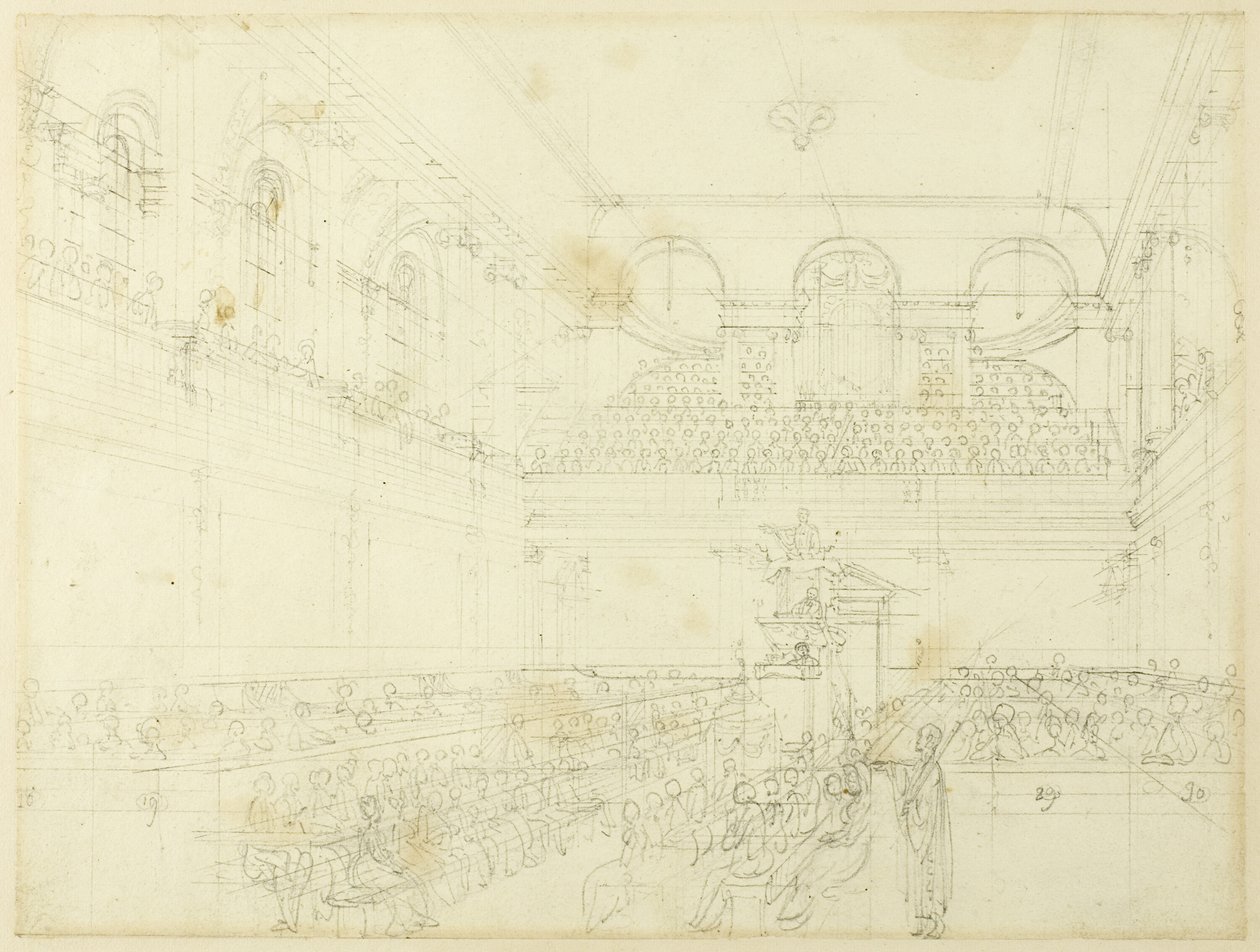 Estudo para o Foundling Hospital, a Capela, de Microcosmos de Londres de Augustus Charles Pugin