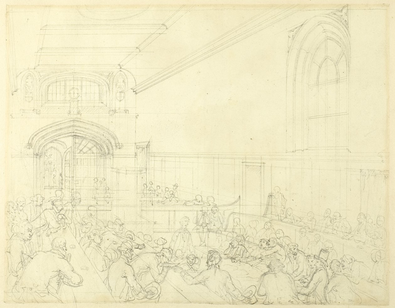Estudo para Guild Hall, exame de um falido antes de seus credores, da Microcosm of London de Augustus Charles Pugin