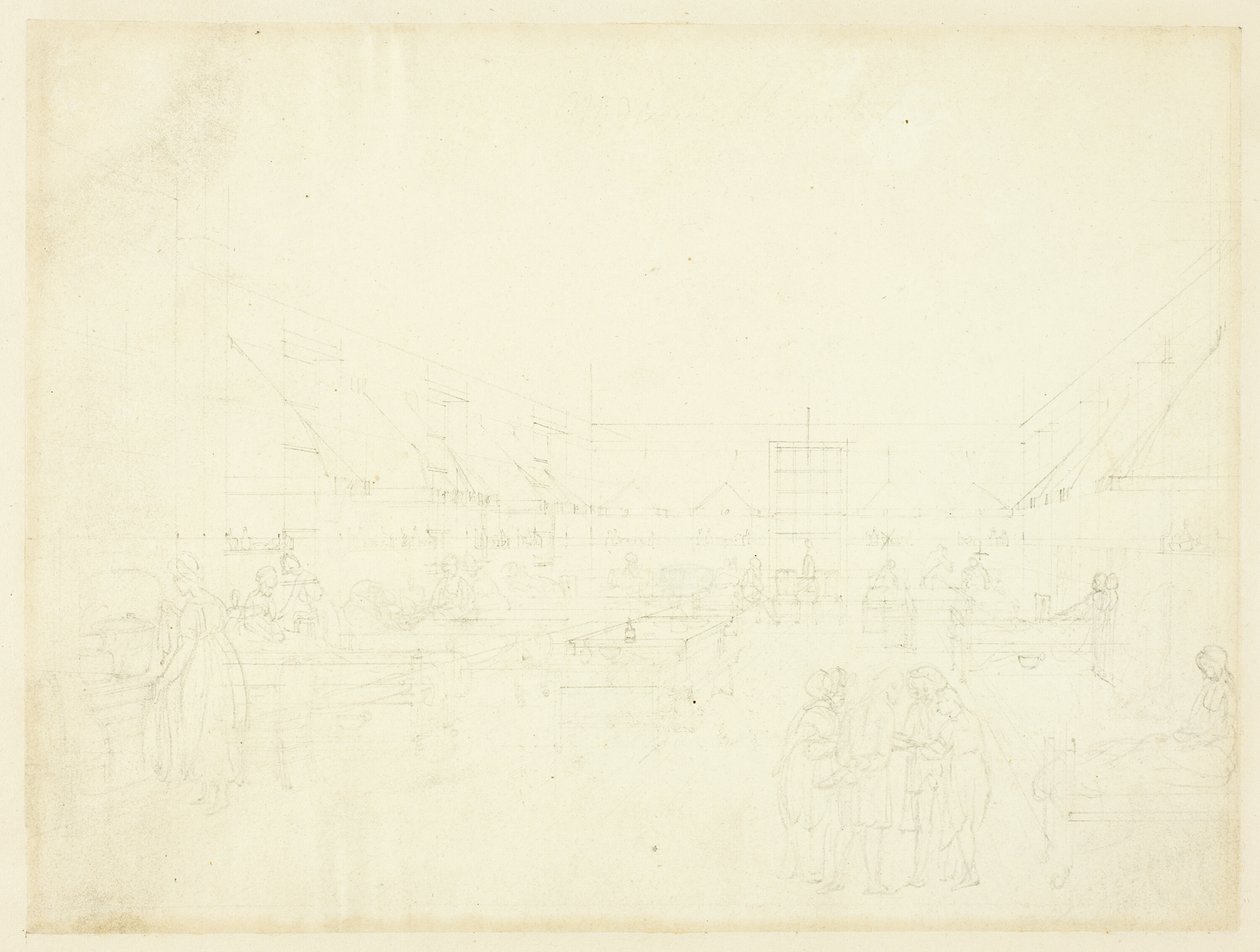 Estudo para o Hospital, Middlesex, do Microcosmo de Londres de Augustus Charles Pugin