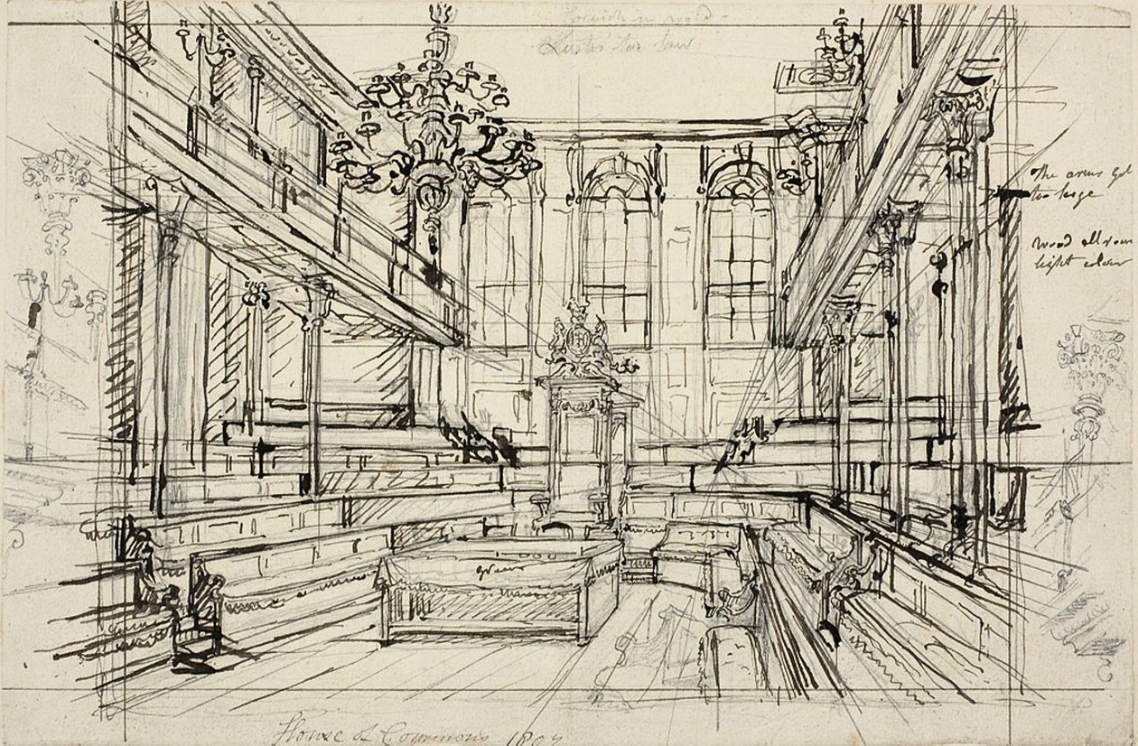Estudo para a Câmara dos Comuns, da Microcosm of London de Augustus Charles Pugin