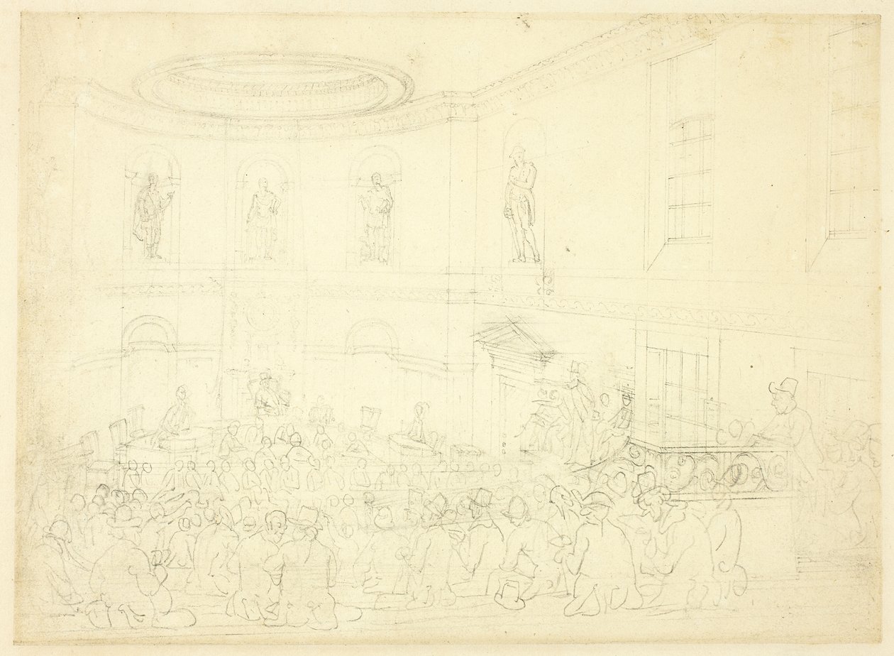 Estudo para a India House, a sala de vendas, de Microcosm of London de Augustus Charles Pugin
