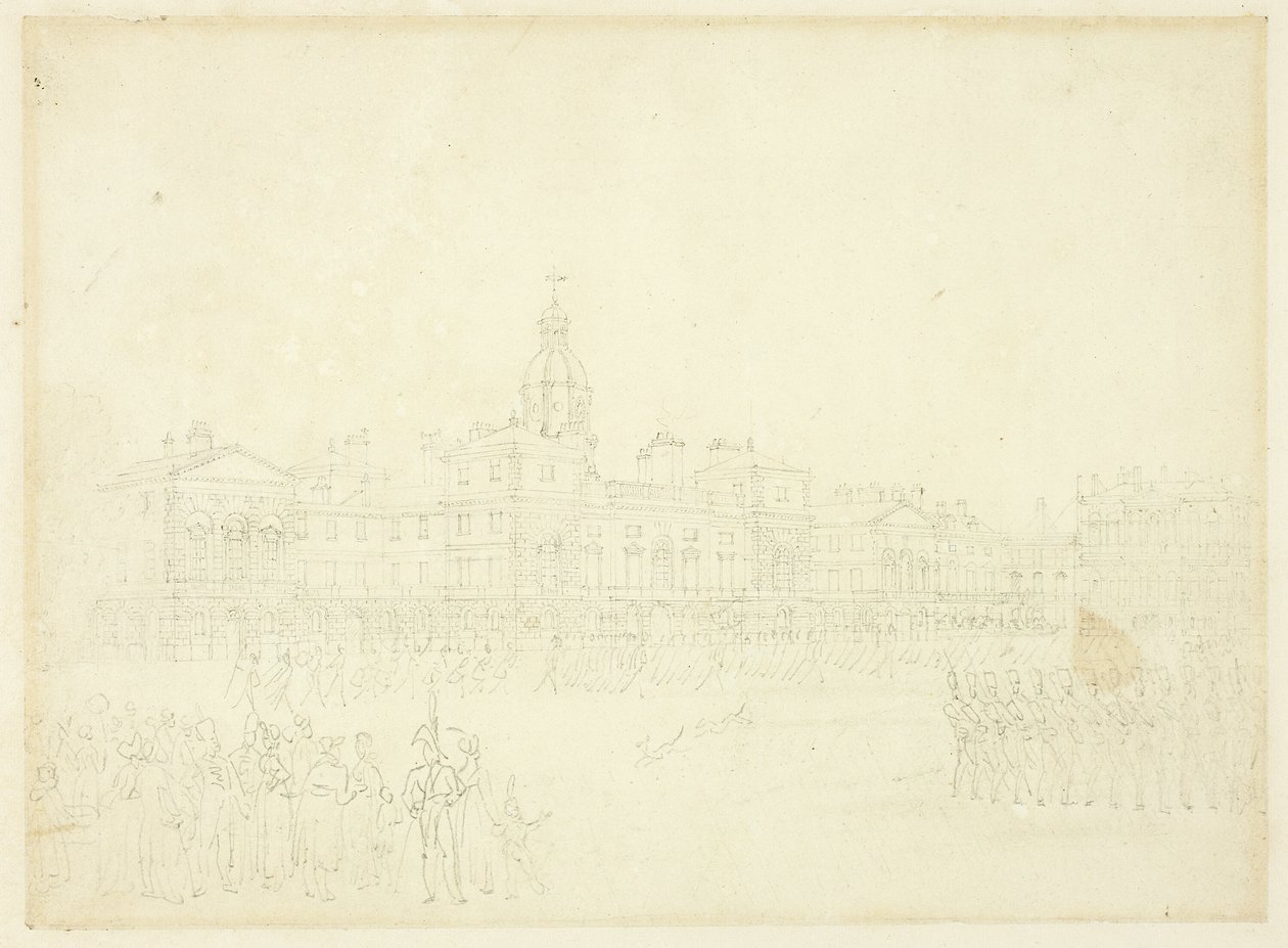 Estudo para Mounting Guard, St James Park, do Microcosm of London de Augustus Charles Pugin