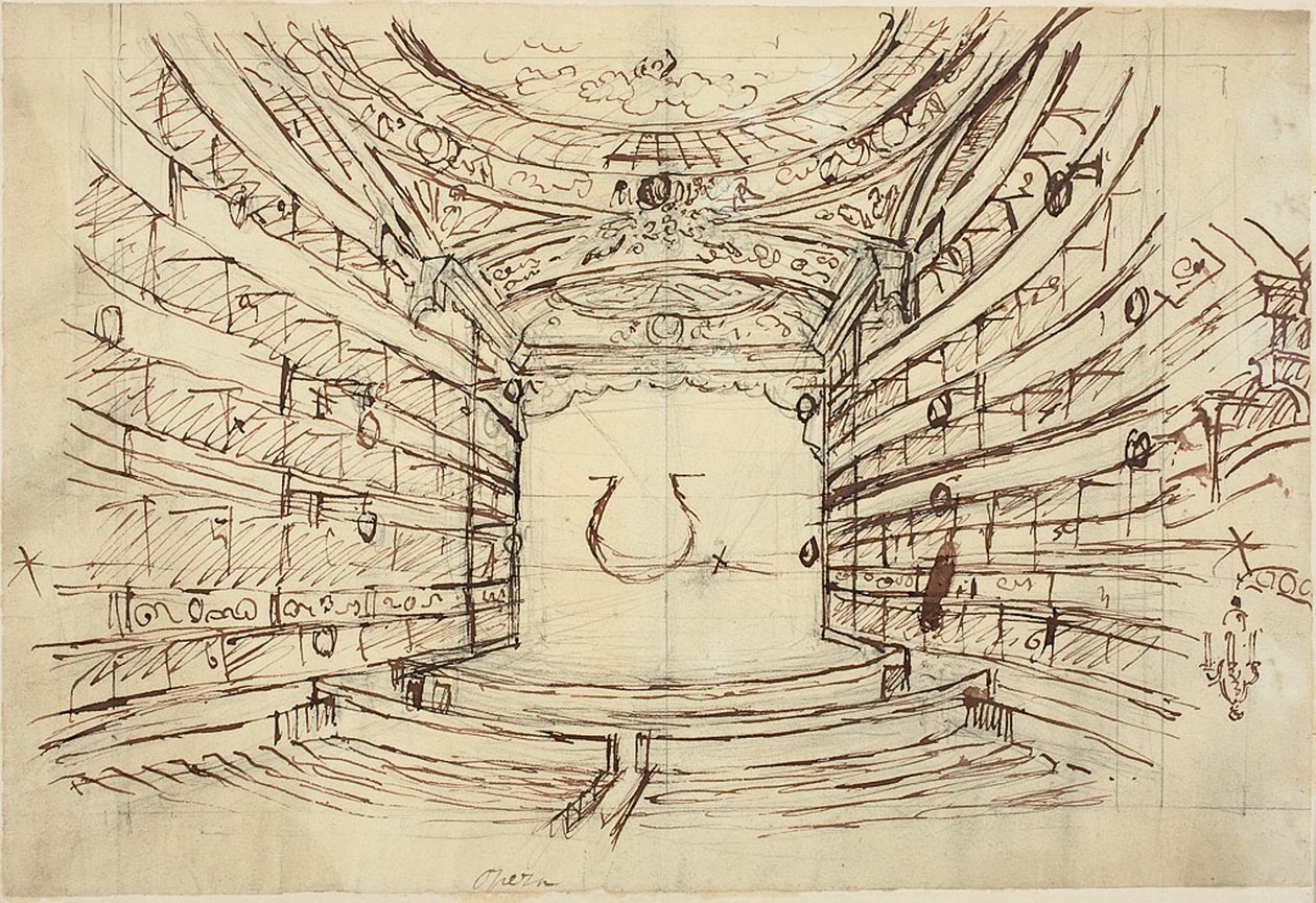 Estudo para Opera House, da Microcosm of London de Augustus Charles Pugin