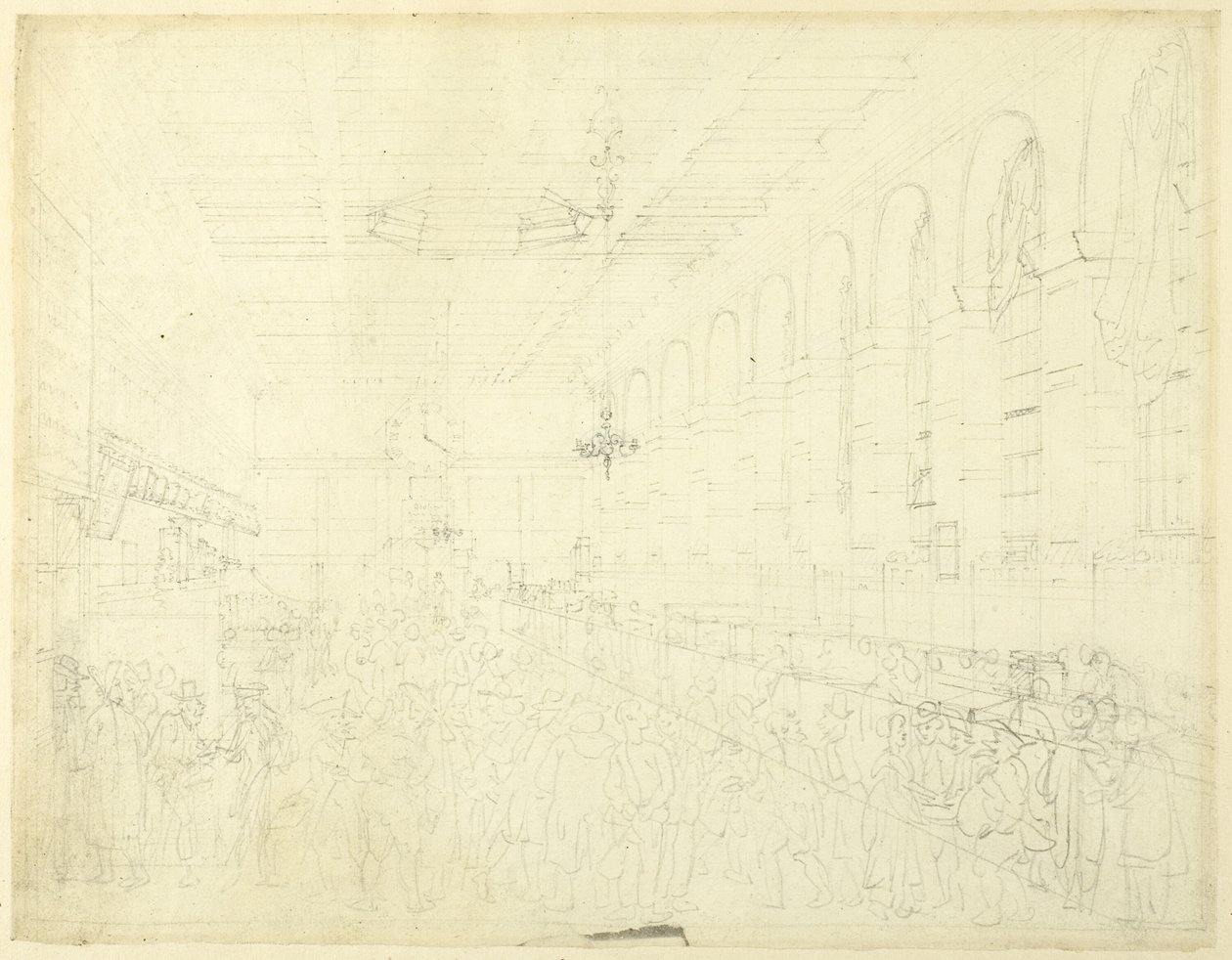 Estudo para The Long Room, Custom House, de Microcosm of London de Augustus Charles Pugin