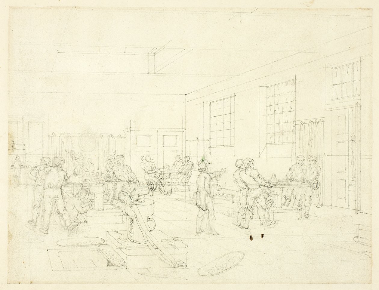 Estudo para a Casa da Moeda, a partir de Microcosmos de Londres (anverso); Esboço do pátio (verso) de Augustus Charles Pugin