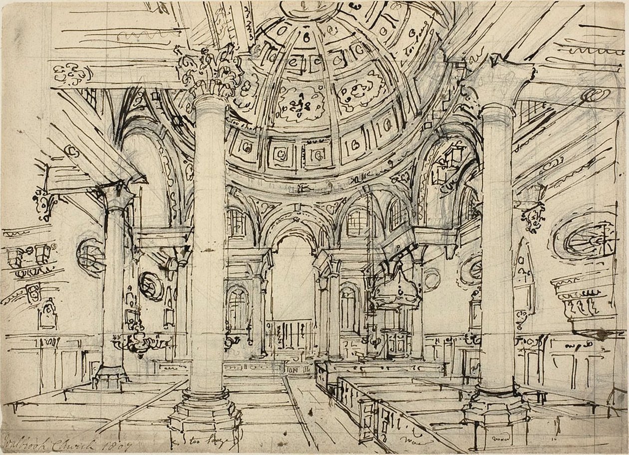Estudo para Walbrook Church (reto); Esboços de veleiros, homens e botes (verso) de Augustus Charles Pugin