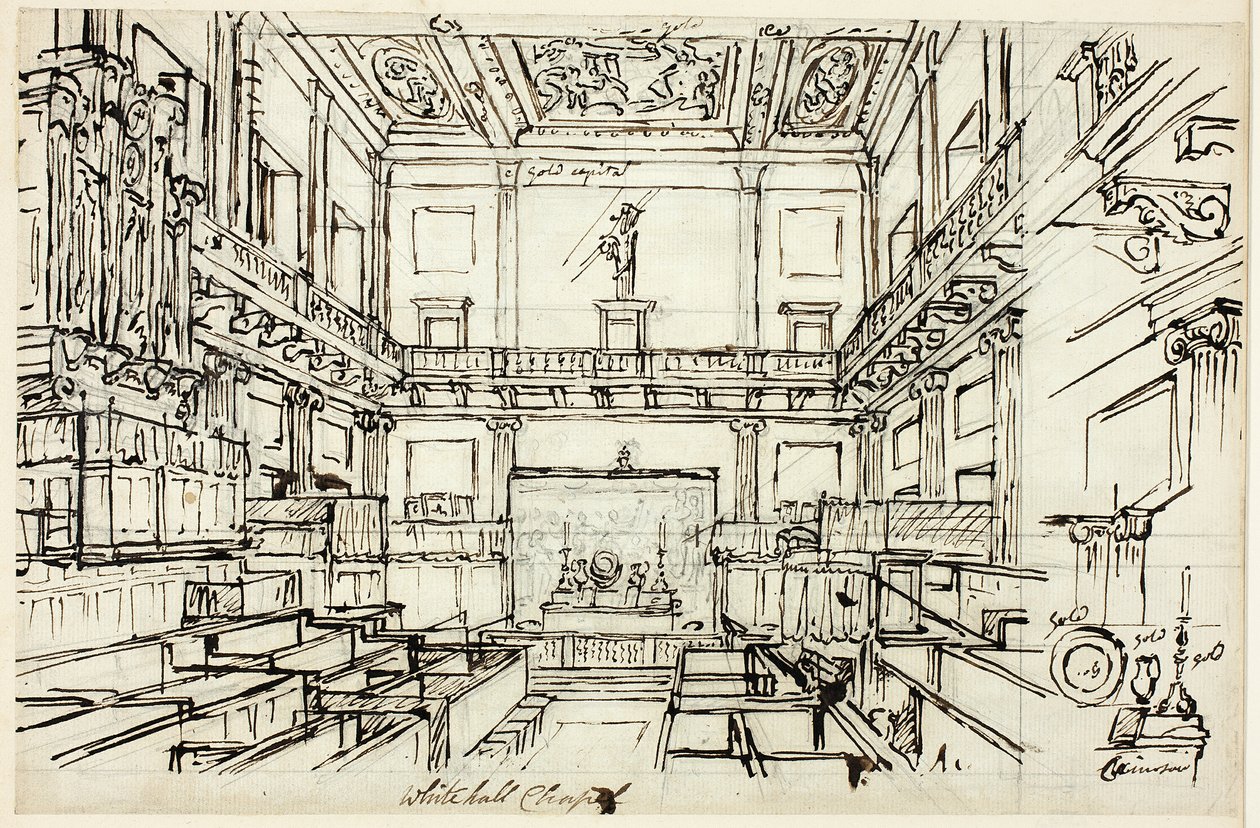 Estudo para Whitehall Chapel, da Microcosm of London de Augustus Charles Pugin