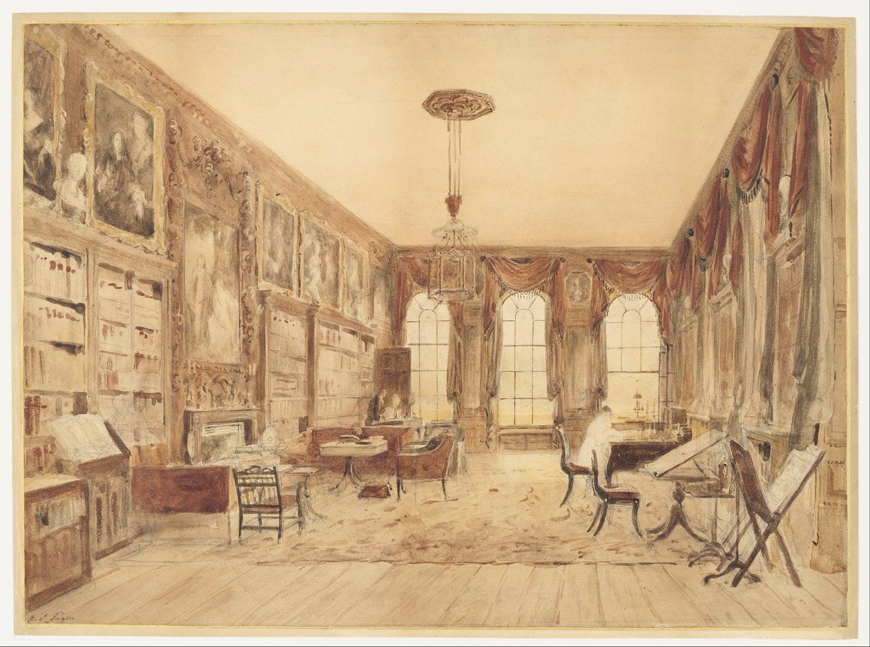O interior da biblioteca de Cassiobury de Augustus Charles Pugin