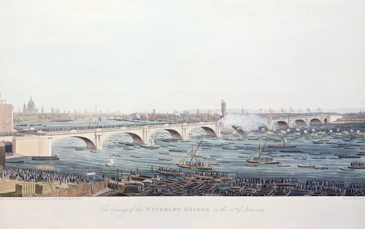 Abertura da Ponte Waterloo em 18 de junho de 1817, gravada por A. Pugin a partir de um desenho de W. Findlater, gravado por R. Havell und Son, 1818 (gravura colorida) de Augustus Charles Pugin