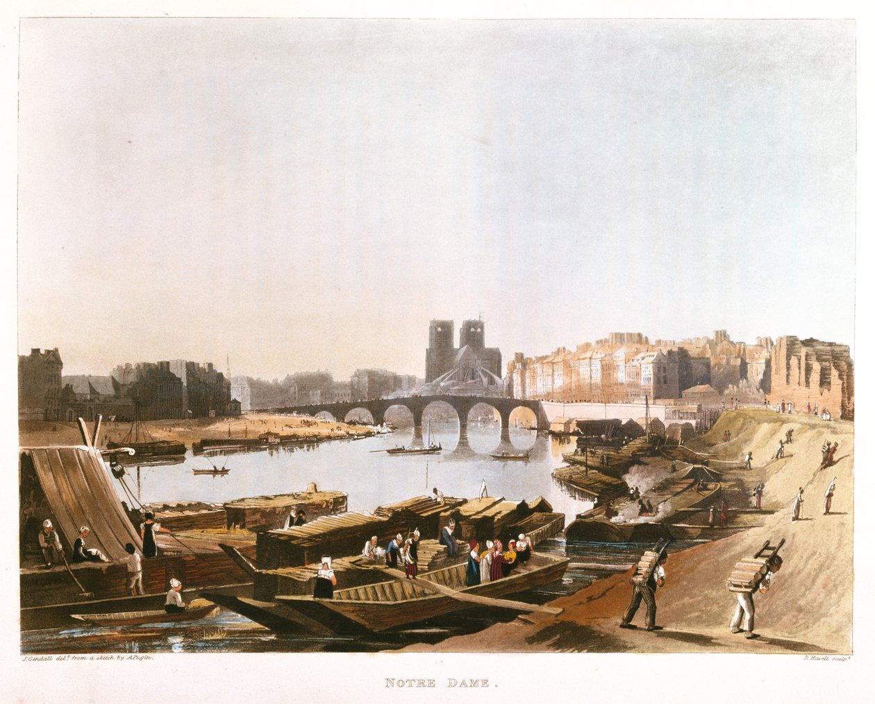 Notre Dame, Ile de la Cité, Ile Saint Louis e Pont de la Tournelle, 1821 de Augustus Charles after Pugin