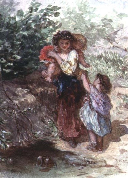 Menina, ficar, com, um, criança, ligado, dela, ombros, outro criança, por, dela, lado, (watercolor, paper) de Augustus Jules Bouvier