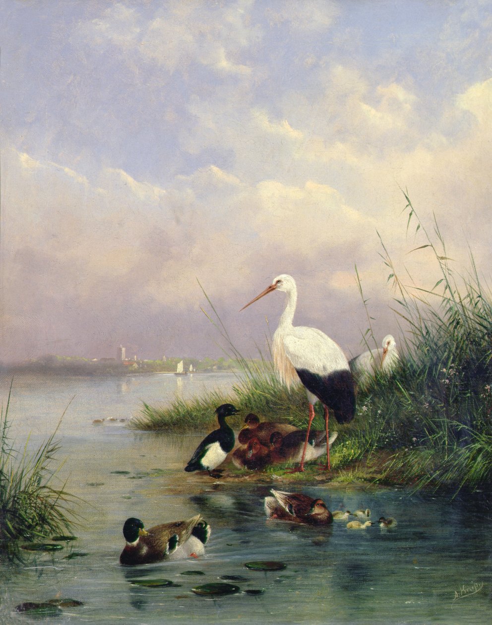 Uma família de Mallard, duas Storks e uma família de Tufted Ducks (par de 77886) de Augustus Knip