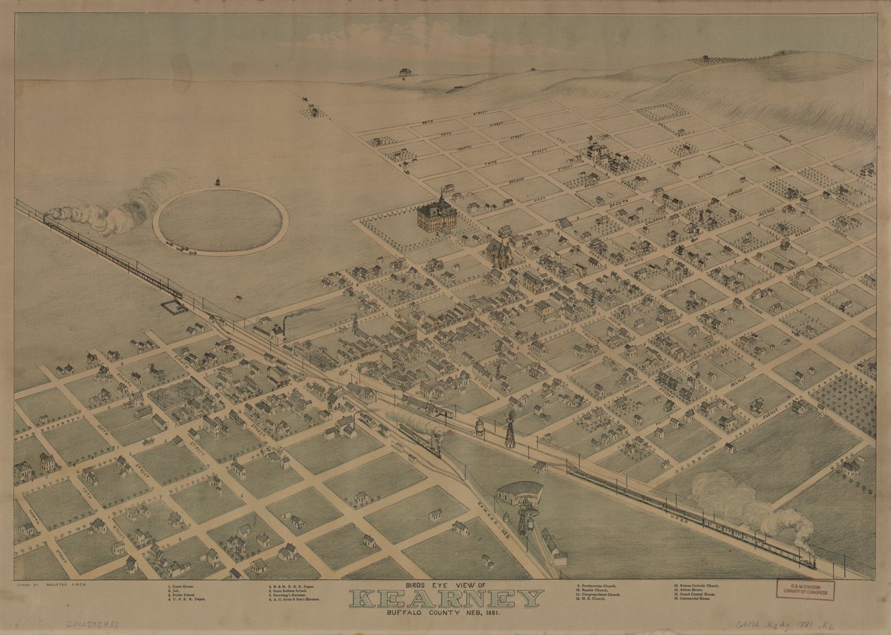Vista aérea de Kearney, Condado de Buffalo, Neb. 1881 LOC 2010592833 de Augustus Koch