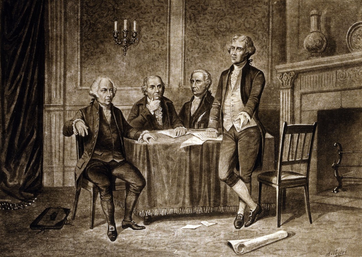 Líderes do Congresso Continental de 1775: John Adams, Robert Morris, Alexander Hamilton e Thomas Jefferson, desenho de Augustus Tholey (1894) de Augustus Tholey