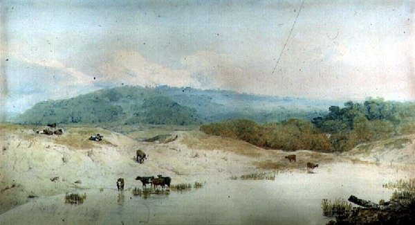 Vista em Yorkshire, rio e gado, (desenho) de Augustus Wall Callcott