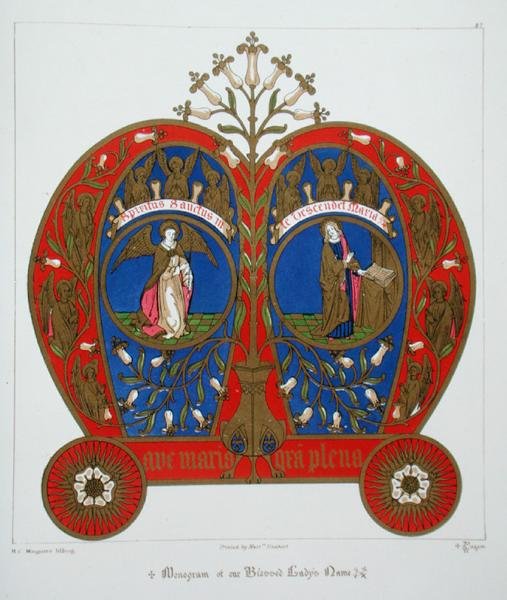 Monograma do nome de Nossa Senhora, do "Glossário do Ornamento Eclesiástico e Constume", litografia de H.C. Maguire de Augustus Welby Northmore (after) Pugin