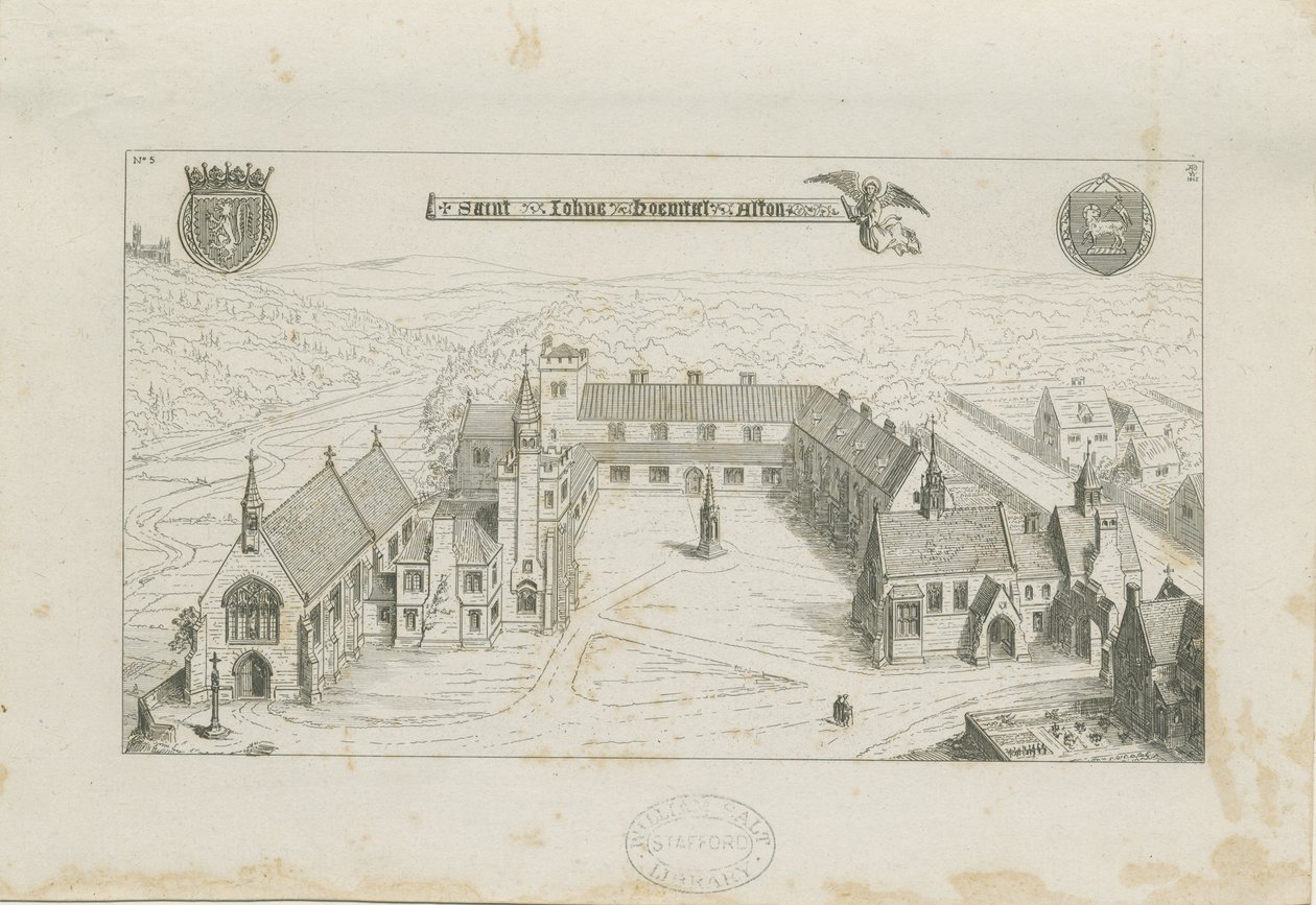 Alton - Exterior da escola do convento de São João: gravura, 1842 de Augustus Welby Northmore Pugin