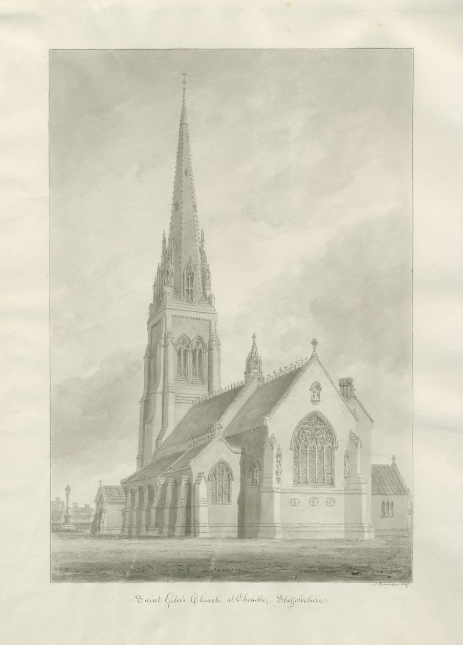 Cheadle - Igreja Católica Romana (St Giles &39;): desenho em sépia de Augustus Welby Northmore Pugin
