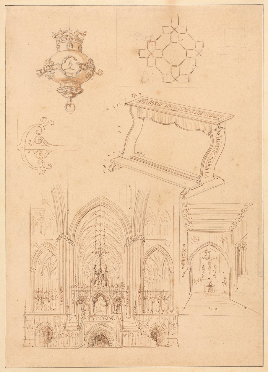 Desenhos para Ornamentação Gótica, um Ajoelhador, e Dois Esboços do Interior das Igrejas Góticas de Augustus Welby Northmore Pugin