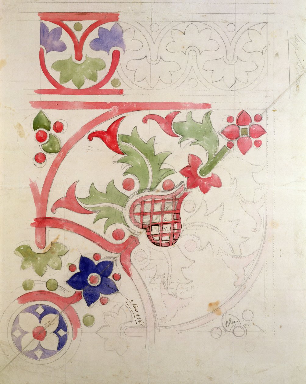 Design floral para a Biblioteca da Câmara dos Lordes (lápis e wc no papel) de Augustus Welby Northmore Pugin