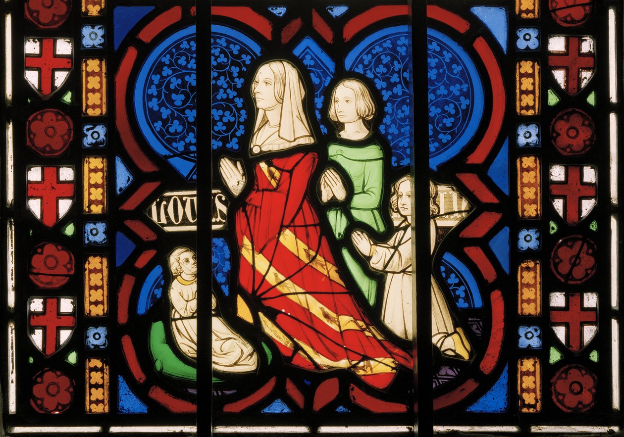 Pugins segunda esposa Louisa com sua enteada Anne e suas duas filhas Agnes & Katherine, Capela East Window, c.1844 (vitral) de Augustus Welby Northmore Pugin