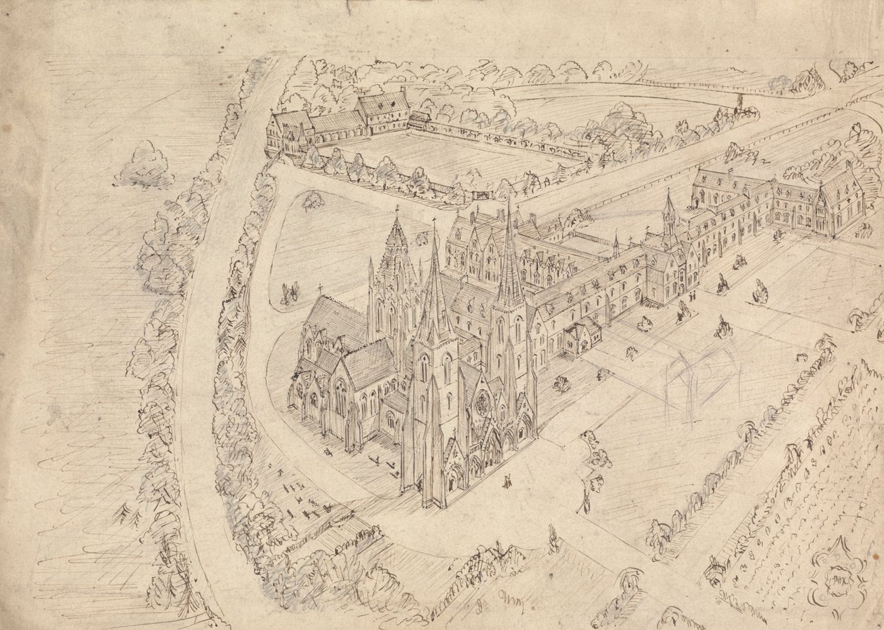 Esboço de uma igreja e mosteiro gótico de Augustus Welby Northmore Pugin