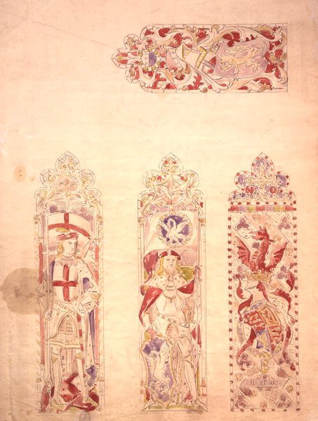 Desenho de janela de vidro manchado para o Palácio de Westminster (caneta e tinta e aguarela sobre papel) de Augustus Welby Northmore Pugin