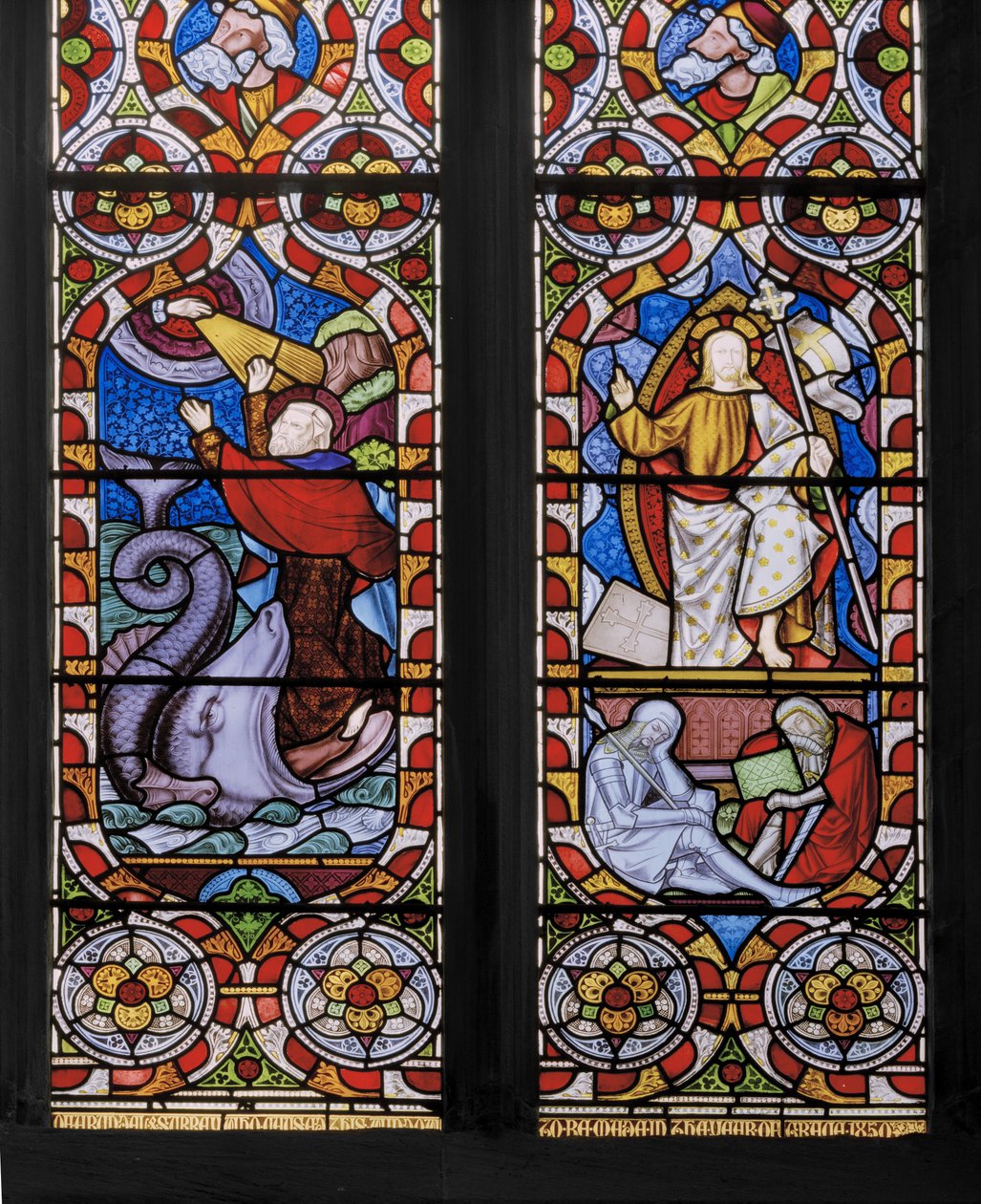 Tipos e Anti-tipos: Jonas e a baleia, e o Cristo ressuscitado, detalhe, 1850 (vitral) de Augustus Welby Northmore Pugin