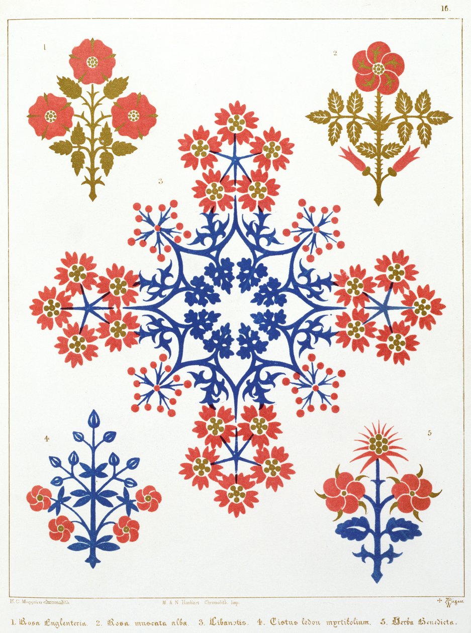 Design de papel de parede de motivos Violiet, íris e tulipa, impresso por M. und N. Hanhart de Augustus Welby Northmore Pugin