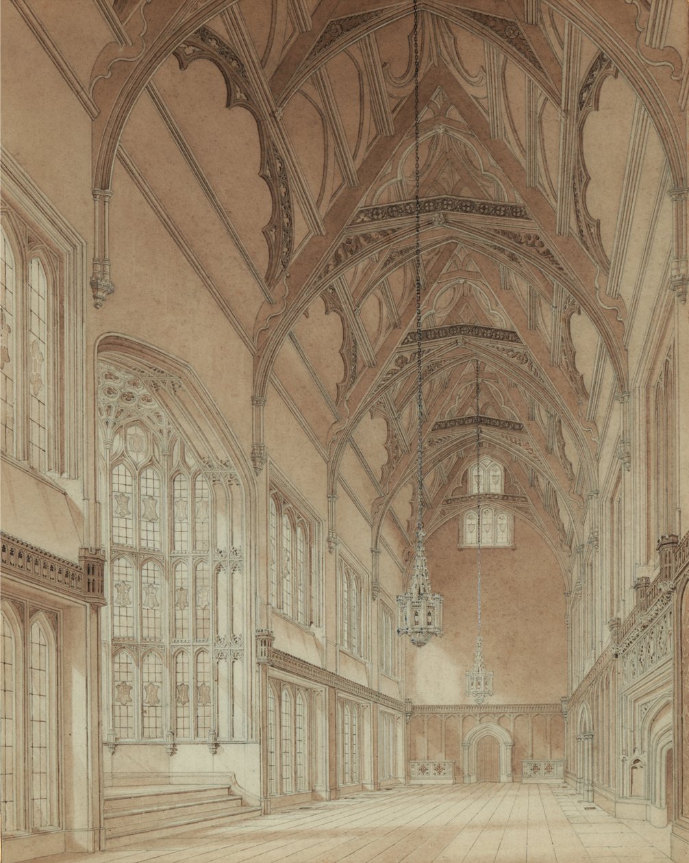 Interior de um salão de faculdade de Augustus Welby Pugin