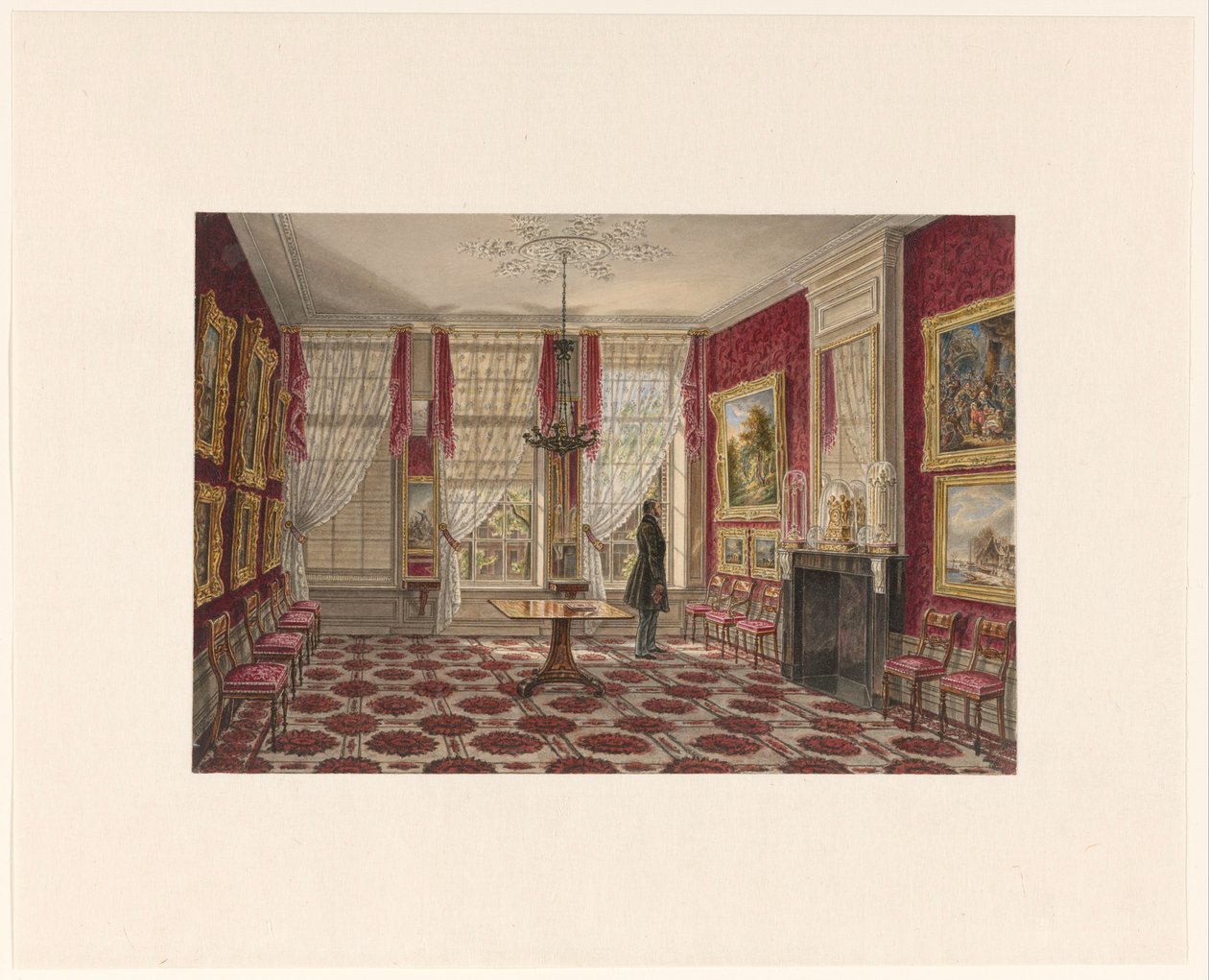 Interior do século XIX com pinturas e figura em pé de Augustus Wijnantz