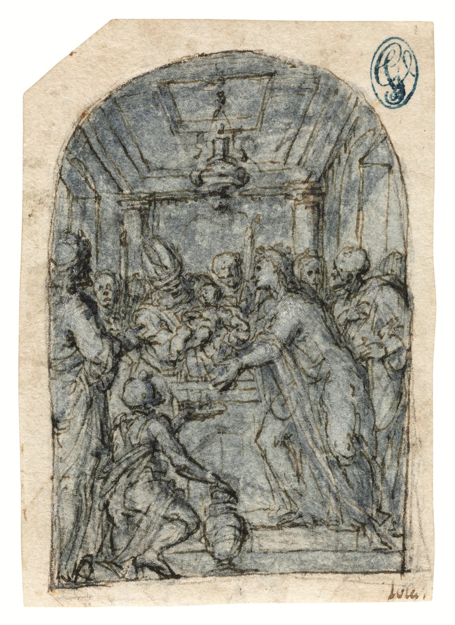 A Apresentação no Templo (giz com caneta e tinta, lavagem e aguçamento branco sobre papel) de Aurelio (attr. to) Luini