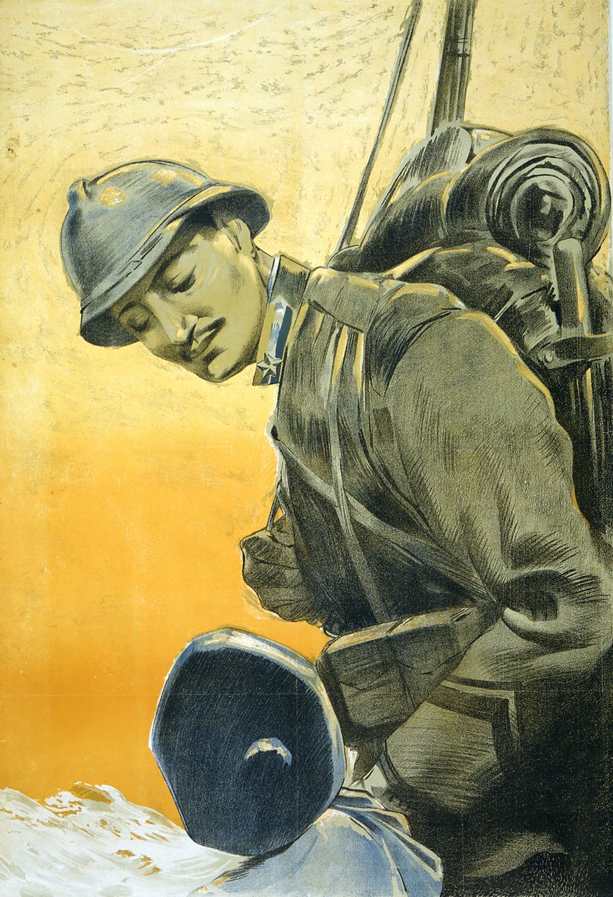 Poster italiano da Primeira Guerra Mundial mostra um soldado a olhar para o seu pequeno filho. 