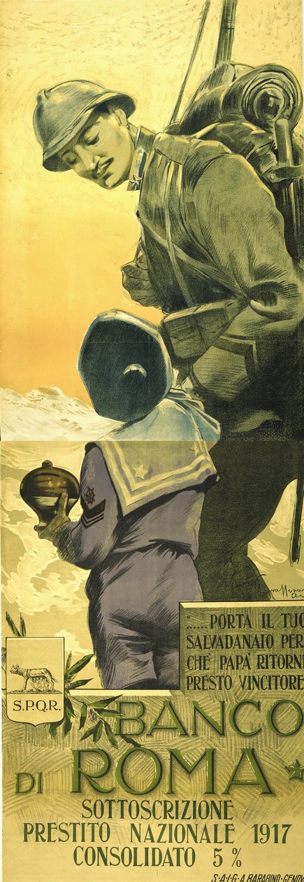 Primeira Guerra Mundial: Cartaz do Banco di Romano para Empréstimo de Guerra. Soldado italiano a dizer ao seu filho para esvaziar a sua caixa de dinheiro e o papá em breve estará em casa vitorioso. Aurelio Craffonara (1875-1945) artista italiano. de Aurelio Craffonara