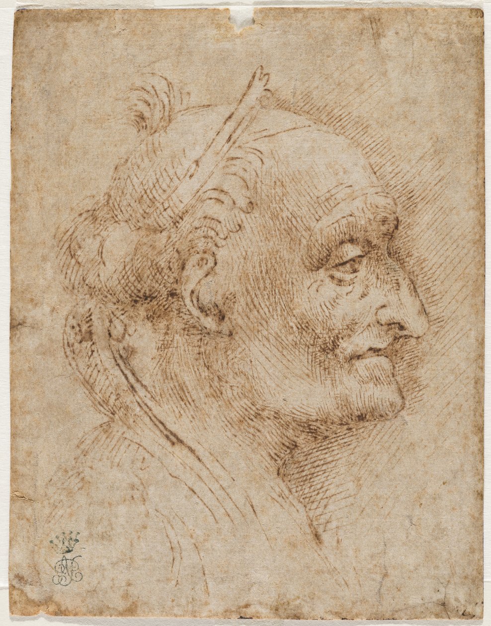 Cabeça de abóbada antiga à direita, século XVI (ponta metálica, carvão, caneta e tinta) de Aurelio Luini