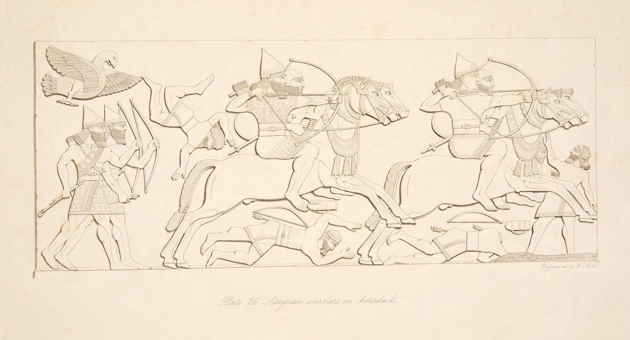 Guerreiros assírios a cavalo, de Monuments of Nineveh, pub. 1849 de Austen Henry Layard