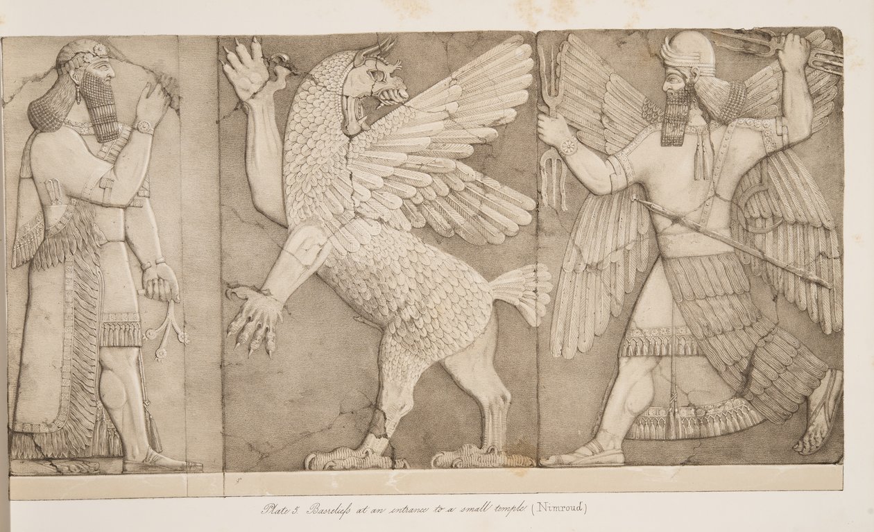 Basreliefs em uma entrada para um pequeno templo (Nimroud), de Monumentos de Nínive, bar. 1849 de Austen Henry Layard