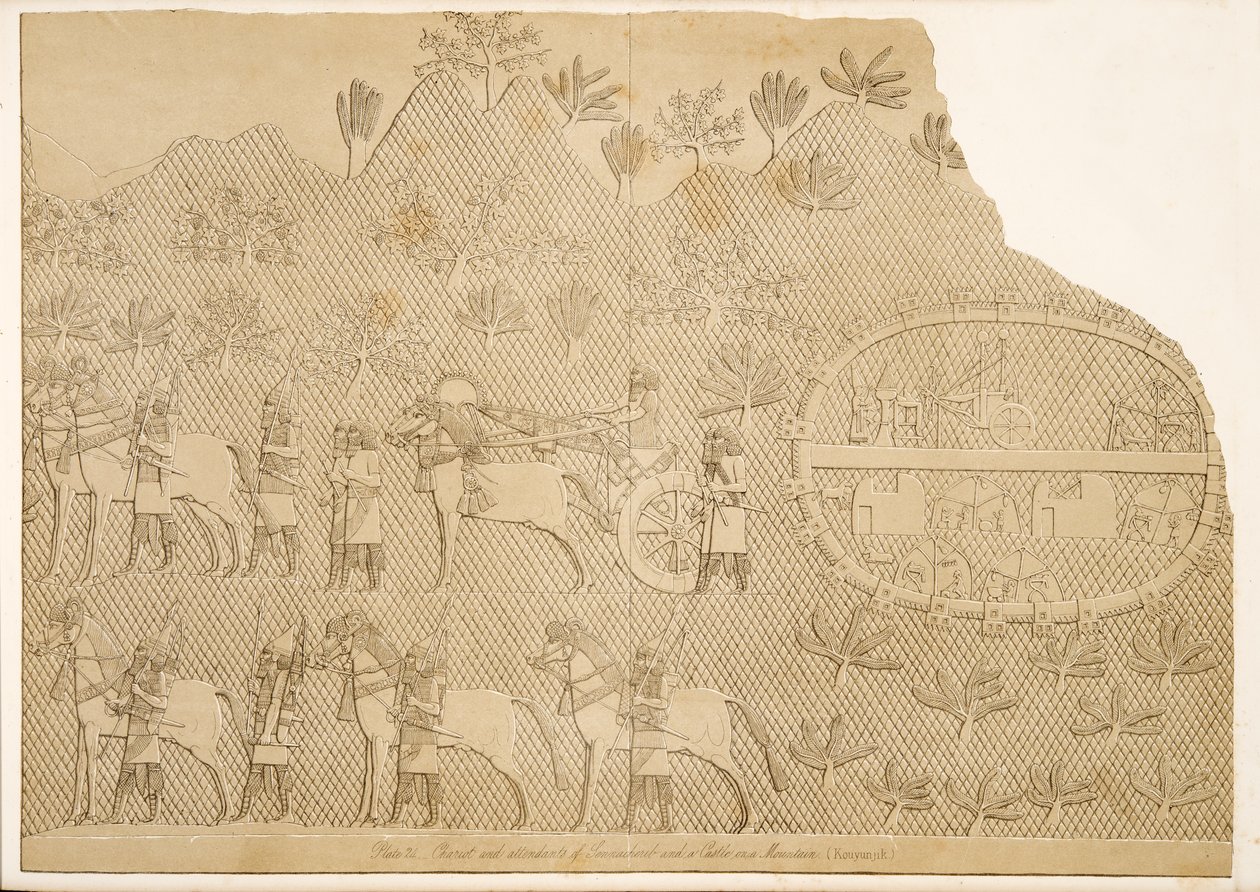 Biga e atendentes de Senaqueribe e um castelo em uma montanha (Kouyunjik), dos monumentos de Nínive, bar. 1849 de Austen Henry Layard