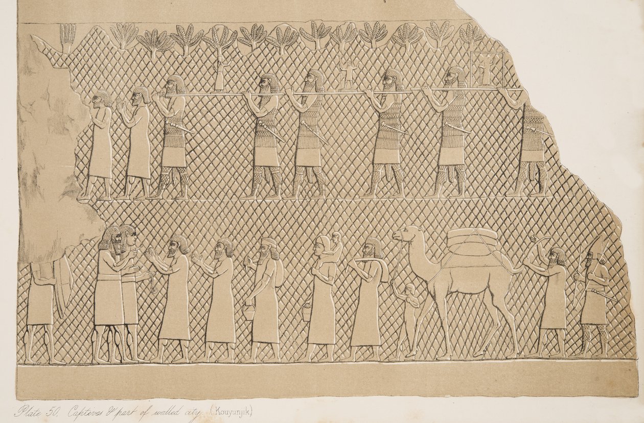 Detalhe de cativos e parte da cidade murada (Kouyunjik), ilustração de monumentos de Nínive, 1858 de Austen Henry Layard