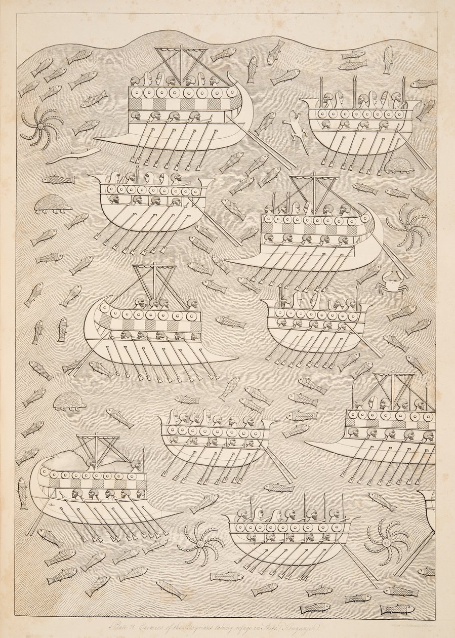 Inimigos dos assírios se refugiam em navios (Kouyunlik), de Monumentos de Nínive, pub. 1849 de Austen Henry Layard