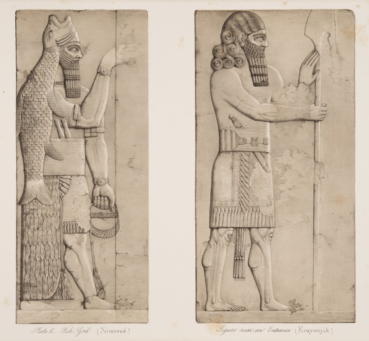 Deus dos peixes (Nimroud) e figura perto de uma entrada (Kouyunjik), dos monumentos de Nineveh, bar. 1849 de Austen Henry Layard