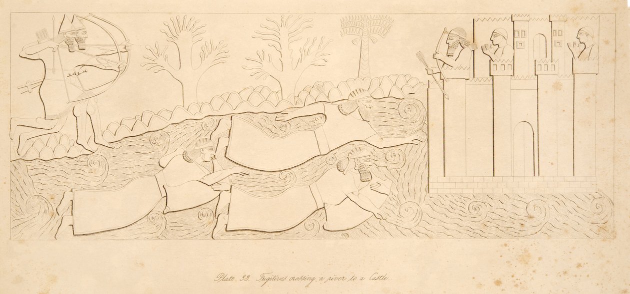 Fugitivos que cruzam um rio a um castelo, dos monumentos de Nineveh, bar. 1849 de Austen Henry Layard