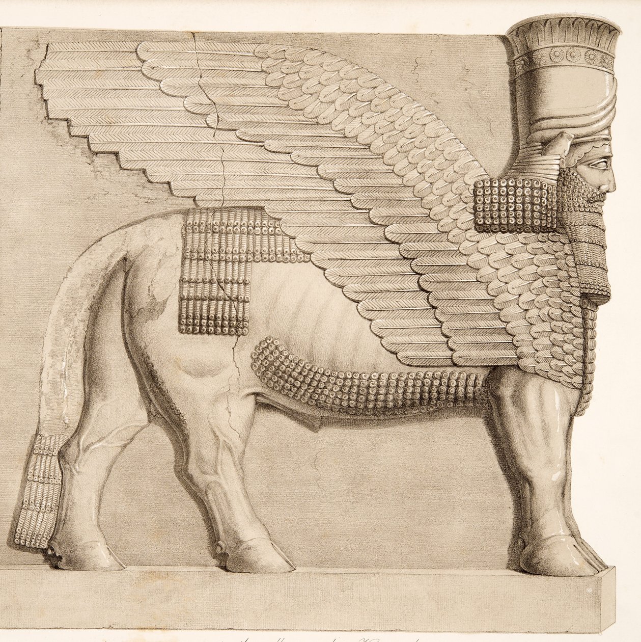 Touro dirigido humano e figura voada de uma entrada na parede que cerca Kouyunjik, dos monumentos de Nineveh, bar. 1849 de Austen Henry Layard