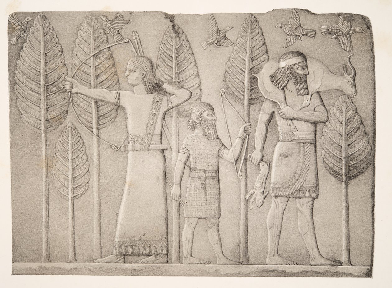 Caçadores com gazela, lebre e pássaros (Khorsabad), de monumentos de Nínive, pub. 1849 de Austen Henry Layard