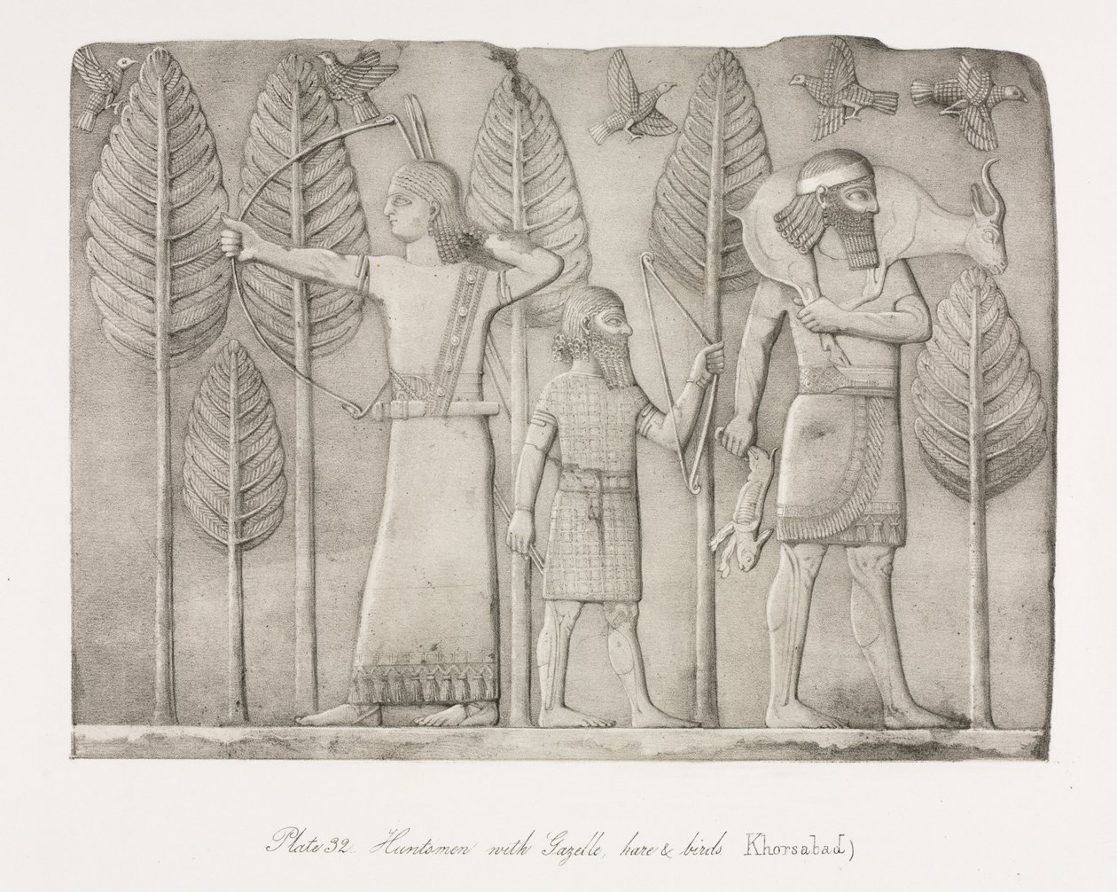 Monumentos de Ninevah: Placa 32, Caçadores com gazela, lebre e aves (Khorsabad) de Austen Henry Layard