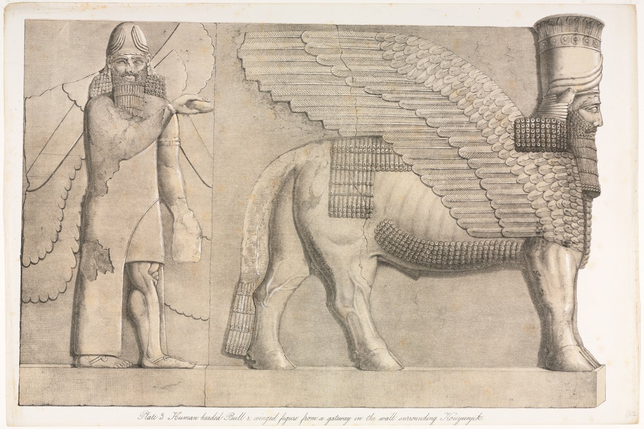 Monumentos de Ninevah: Placa 3, Touro com cabeça humana e Figura com asas ..., 1853. de Austen Henry Layard