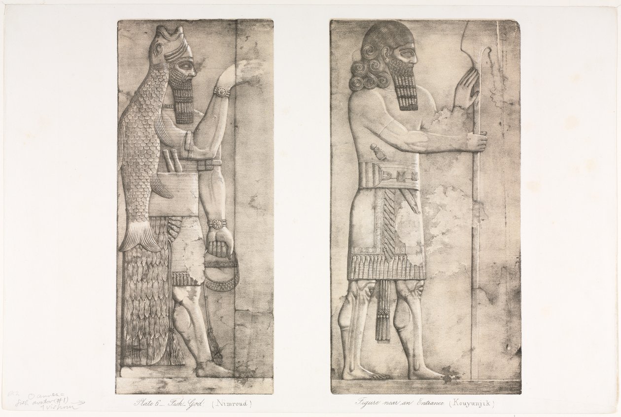 Monumentos de Ninevah: Placa 6, Deus dos peixes Nimroud, Figura perto de uma entrada Kouyunjik, 1853. de Austen Henry Layard